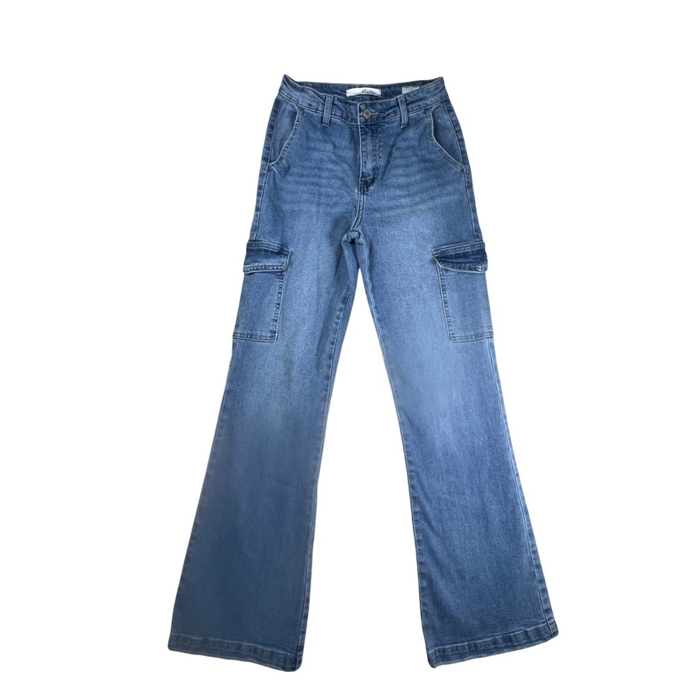 KanCan High Rise Flare Cargo Jeans Medium Wash Blue Raw Hem Womens 24 Boho Y2K